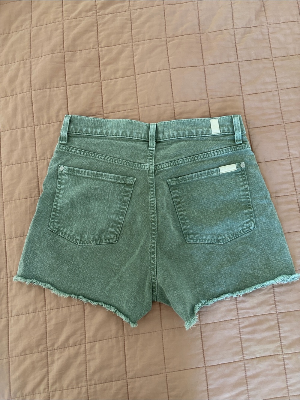 7 For All Mankind Sage Green High-Rise Frayed Hem Denim Shorts - Picture 4 of 5